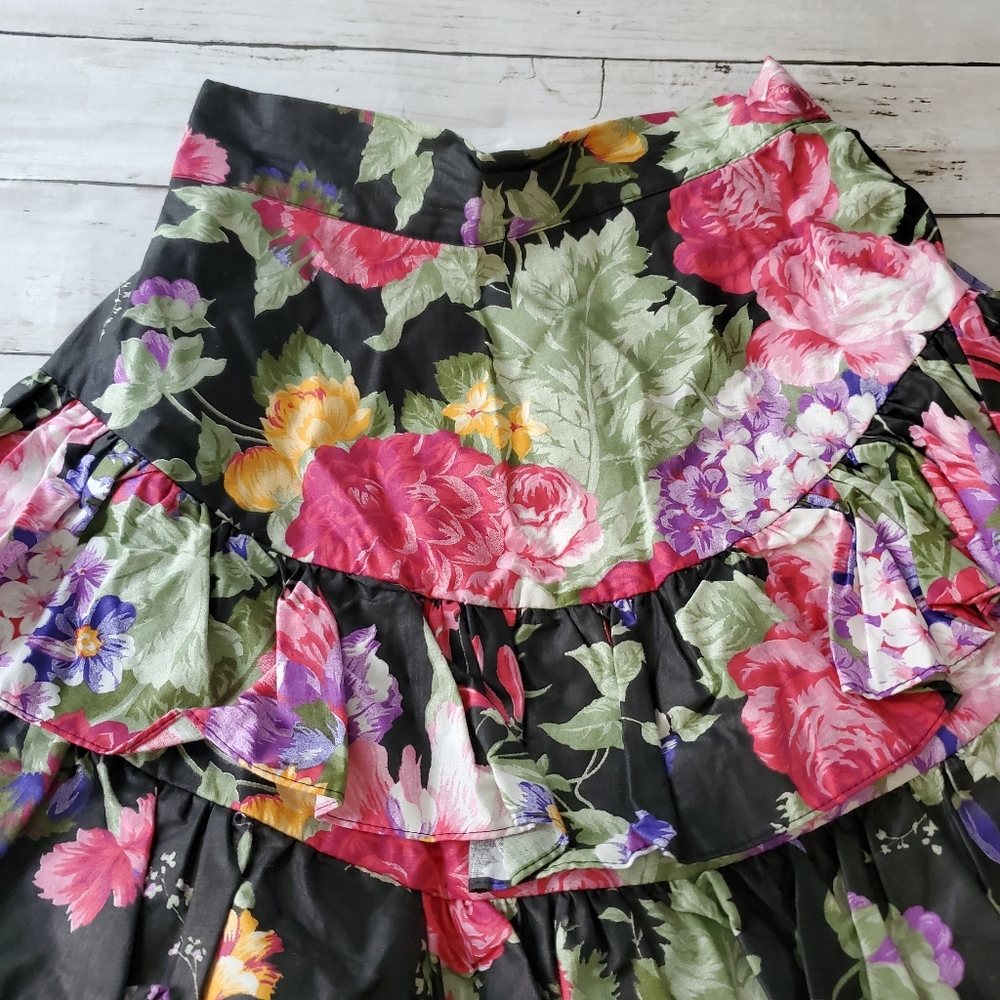 Vintage floral skirt high waisted tiered‎ ruffles 89s 90s - Picture 5 of 11